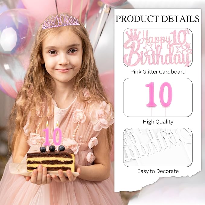10th Birthday Party Decorations Set for Girls- Pink Crown, Glitter Sash, Number 10 Candle & Cake Topper Kit for Birthday Celebrations Party Supplies Gift