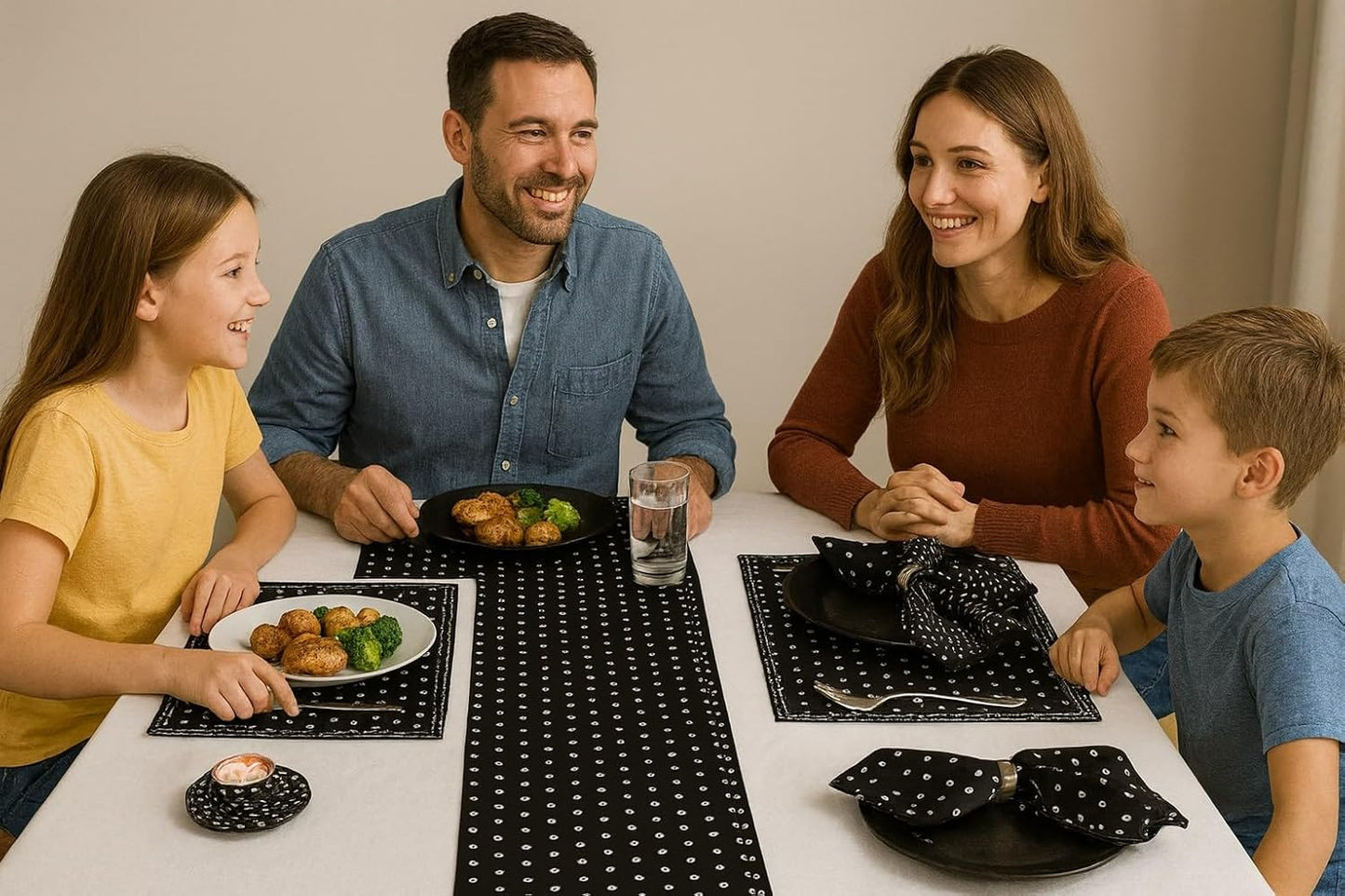 Indtresor Indian Heritage Fabric Cotton Table Linen Reversible Set Runner Napkins Mats in Black