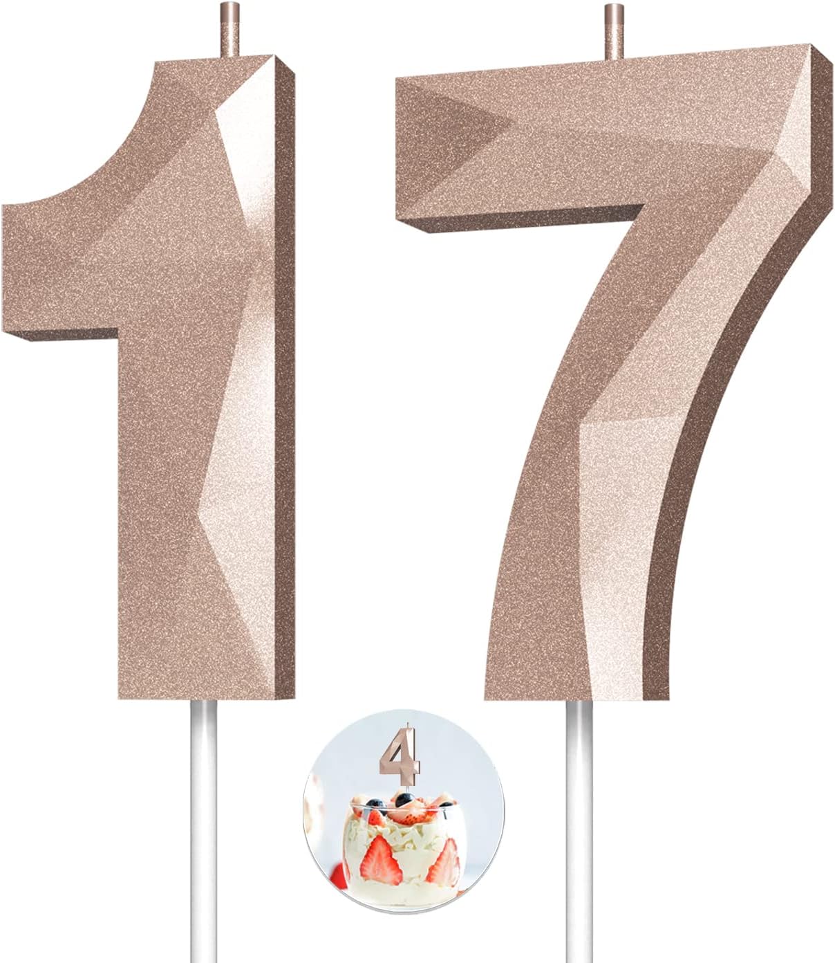 Number Birthday Candles(17 Candle Rose Gold) 3D Diamond Shape Number Happy Birthday Cake Candles for Birthday Party Wedding Decoration Reunions Theme Party