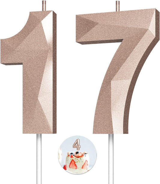 Number Birthday Candles(17 Candle Rose Gold) 3D Diamond Shape Number Happy Birthday Cake Candles for Birthday Party Wedding Decoration Reunions Theme Party