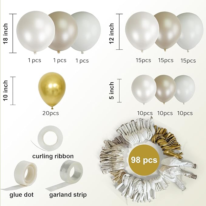 Pearl White Double Stuffed Balloon Arch Kit - Ivory, Cream & Champagne Gold Latex Balloons for Wedding, Bridal Shower, Birthday, Gender Reveal, Boho Party Garland Decor (98 Pcs)