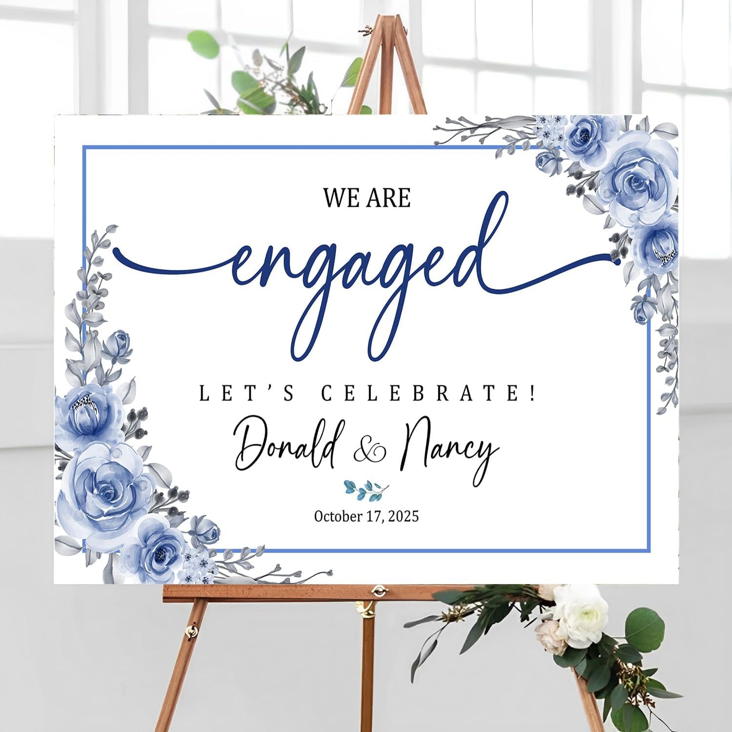 Engagement Party Welcome Sign, Blue Floral Engagement Picture Signs, Engagement Signs For A Party, Engagement Decorations Party, Engagement Dinner Decorations, Engagement Party Backdrop