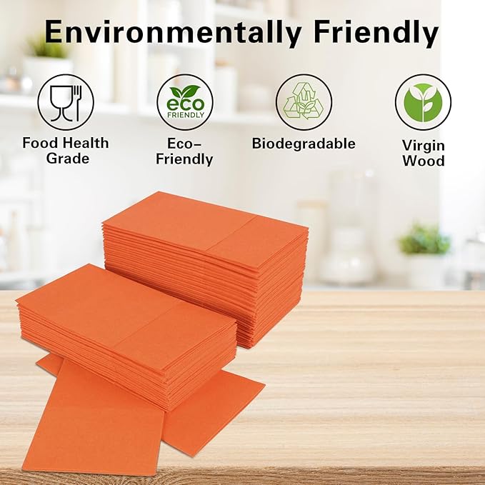 Orange Napkins Hand Towels Disposable, Linen-Feel Dinner Napkins with Prefolded Built-in Flatware Pocket, Guest Paper Hand Towels for Wedding, Thanksgiving Or Party (16x16in, 50Pack）