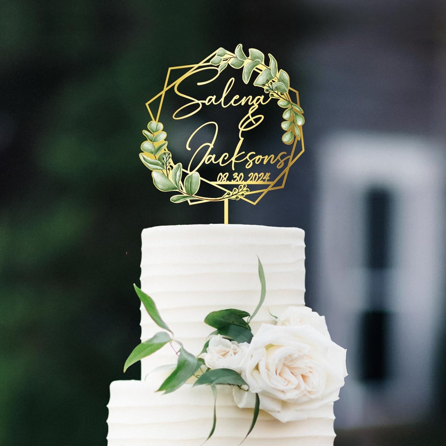 Wedding Cake Topper with Green Leaves Custom Bride & Groom's Names and Wedding Date Personalized Geometric Cake Decoration in Acrylic and Wood