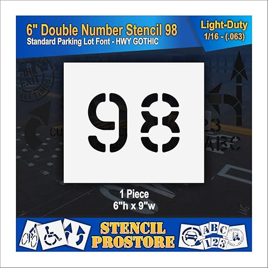Pavement, Curb, and WheelStop Stencils - 6 inch Double Number Stencil - (98) - 6" x 9" x 1/16" (63 mil) - Light-Duty