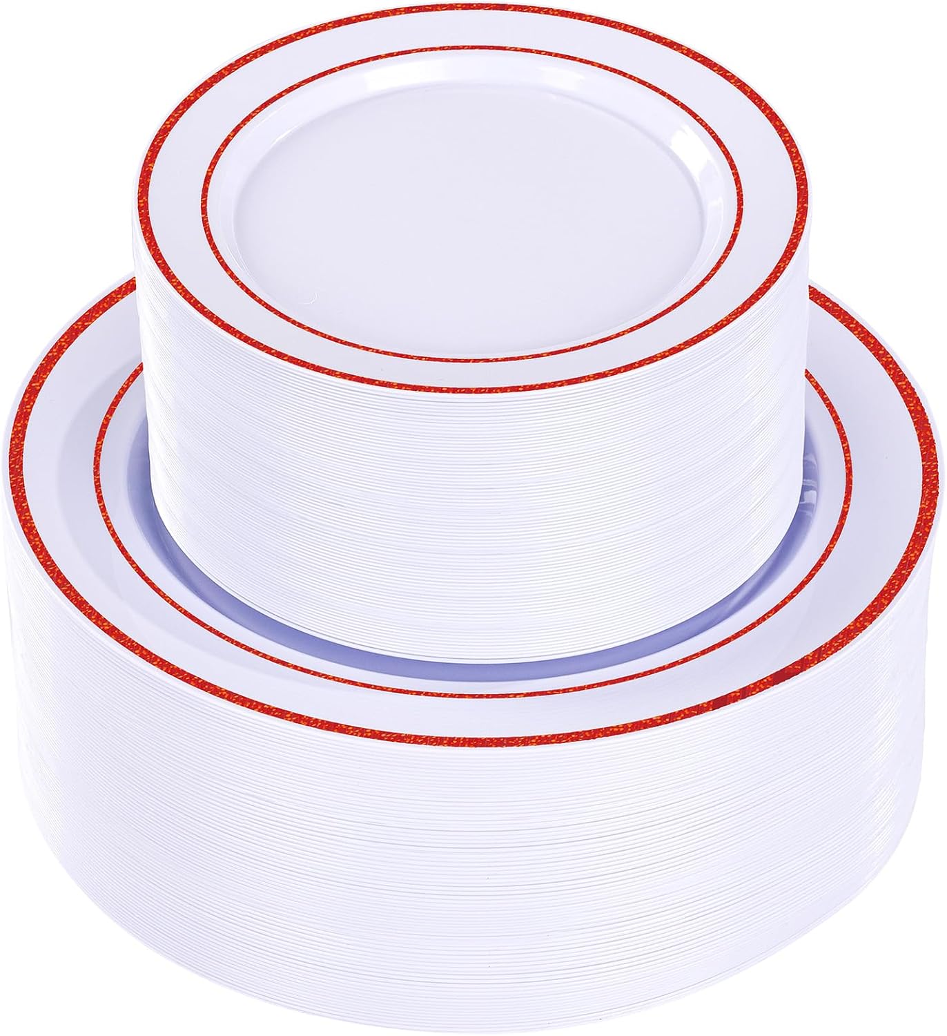 U-QE 100pcs Glitter Red Plastic Plates for Party - White Plates Disposable Heavy Duty - Include 50 10" Dinner and 50 7" Dessert Plate, Perfect for Party, Wedding(Glitter Red)