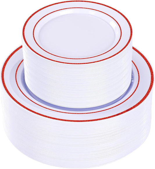 U-QE 100pcs Glitter Red Plastic Plates for Party - White Plates Disposable Heavy Duty - Include 50 10" Dinner and 50 7" Dessert Plate, Perfect for Party, Wedding(Glitter Red)
