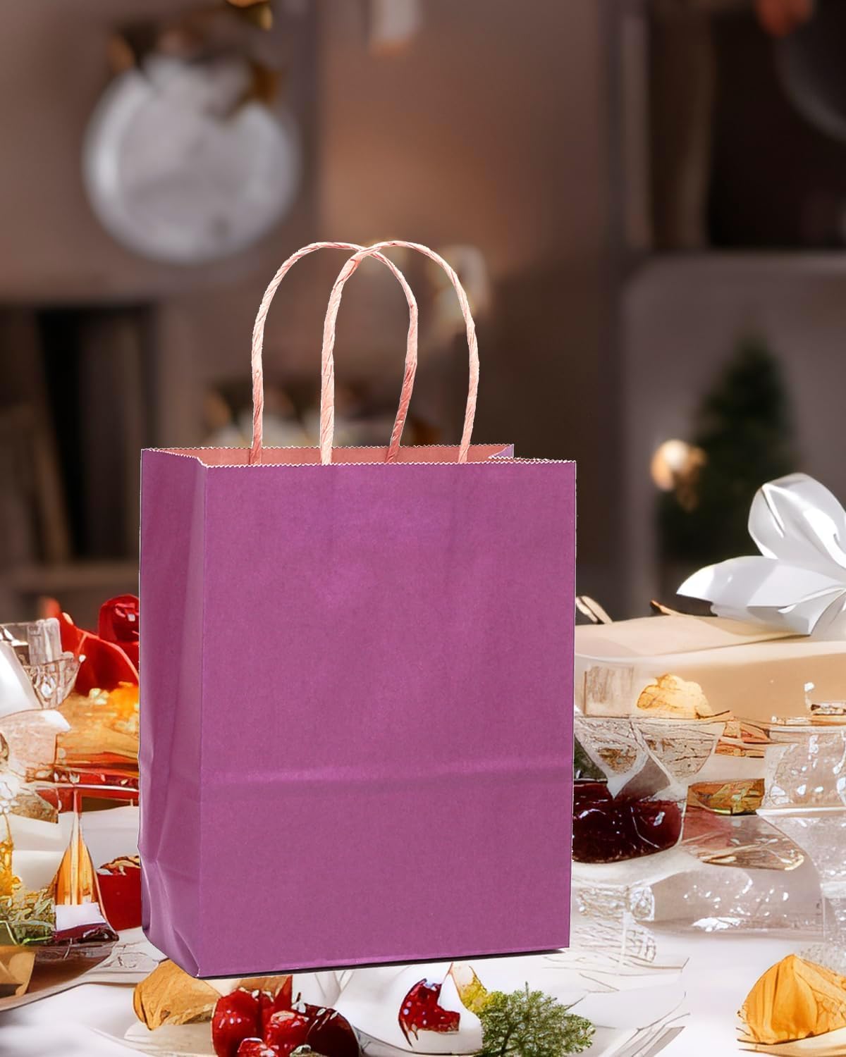 qiqee 100PCS Gift Bag with Handles Bulk Purple Paper Bags Multiple Uses (11"x5"x8" Medium Size)