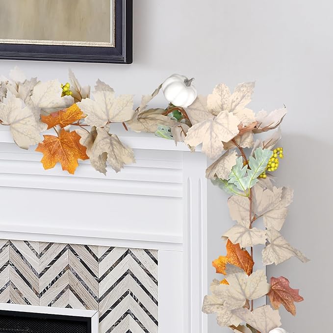Fall Garland with Pumpkins and Berries – 6ft Artificial Maple Leaf Garland with Cream and Orange Leaves for Thanksgiving, Fireplace, Front Door, Farmhouse Autumn Decorations