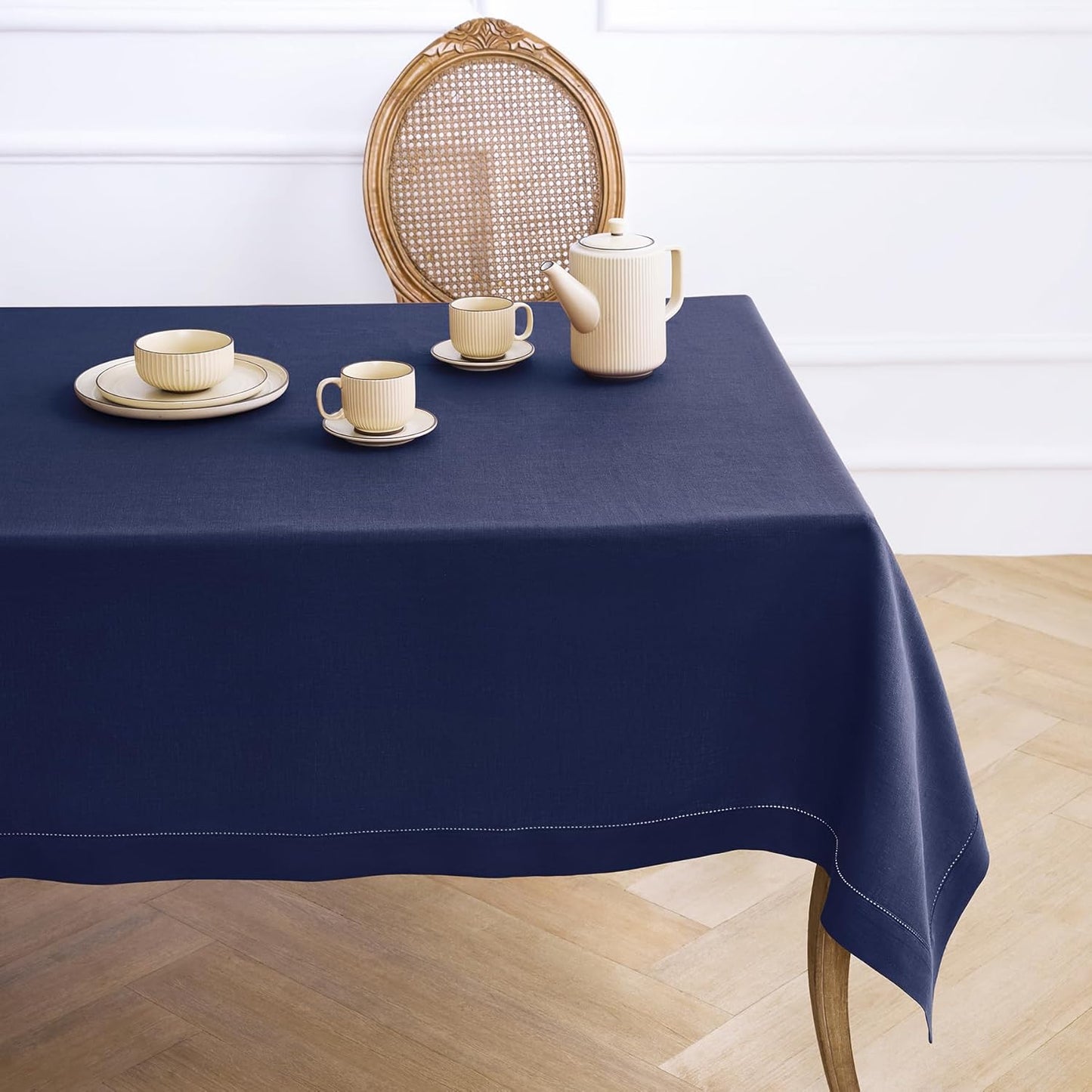 Solino Home Navy Blue Linen Tablecloth 52 x 52 Inch - 100% Pure Linen Square Table Throw - Classic Hemstitch, Machine Washable Table Cloth for Fall, Autumn, Thanksgiving, Christmas, Holiday