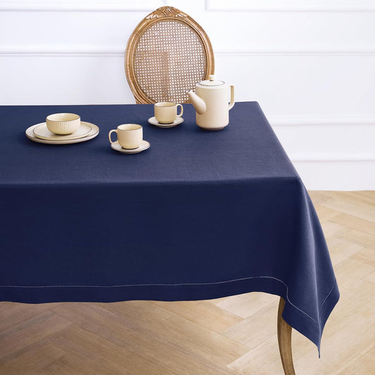 Solino Home Navy Blue Linen Tablecloth 52 x 52 Inch - 100% Pure Linen Square Table Throw - Classic Hemstitch, Machine Washable Table Cloth for Fall, Autumn, Thanksgiving, Christmas, Holiday