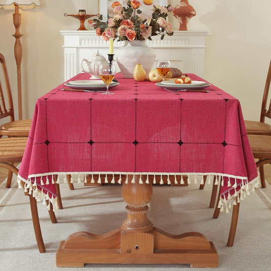 Pahajim Rustic Linen Tablecloth Cotton Rectangle Table Cloth for Kitchen Dining with Tassel Plaid Waterproof Tablecloths Square,55''x55'',4 Seats