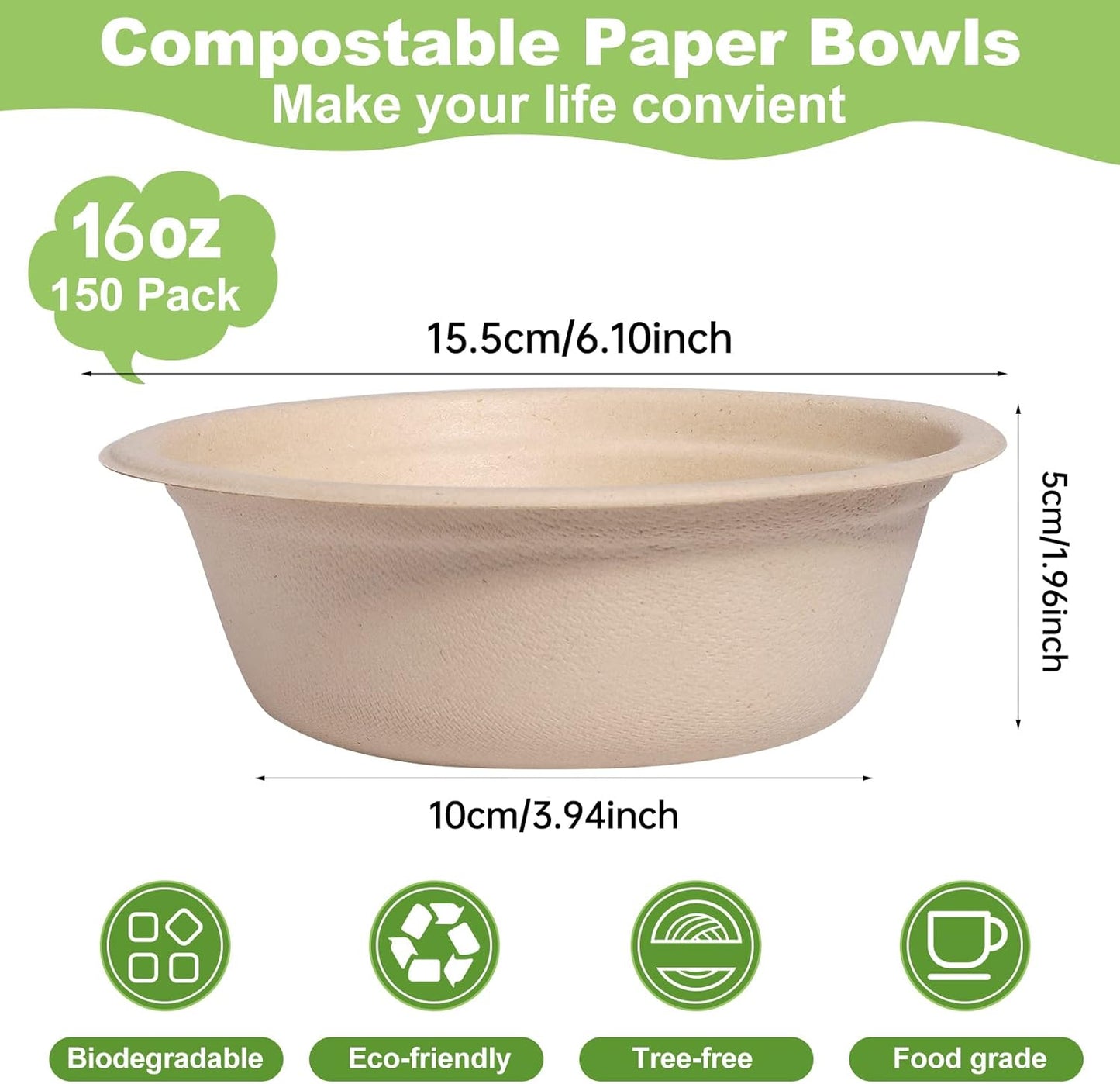 150 Pack Compostable Paper Bowls,16oz Heavy-Duty Disposable Paper Bowls,Natural Wheatstraw Fiber Compostable Bowls,Eco-friendly Disposable Soup Bowls Leakproof & Microwave Safe for Hot or Cold Use
