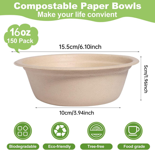 150 Pack Compostable Paper Bowls,16oz Heavy-Duty Disposable Paper Bowls,Natural Wheatstraw Fiber Compostable Bowls,Eco-friendly Disposable Soup Bowls Leakproof & Microwave Safe for Hot or Cold Use