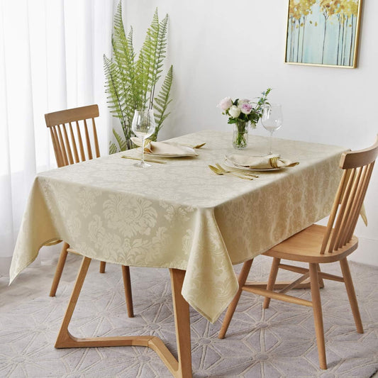 maxmill Jacquard Table Cloth Damask Design Water Proof Wrinkle Free Heavy Weight Soft Tablecloth Decorative Fabric Table Cover for Outdoor and Indoor Use Rectangular 60 x 104 Inch Beige