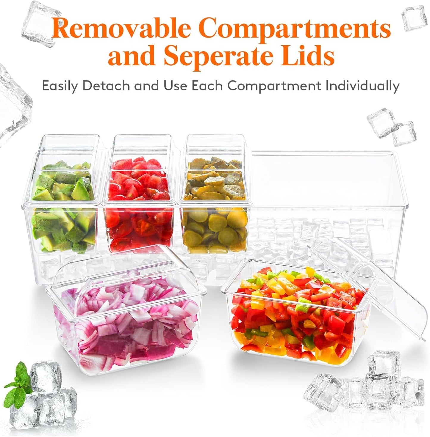 Lifewit Ice Chilled Condiment Caddy with 5x 20oz(2.5 cup) Containers, 15.3" Condiment Server with Separate Lids, Serving Tray Platter with Removable Dishes for Bar, Fruit, Salad, Taco, Party Garnish
