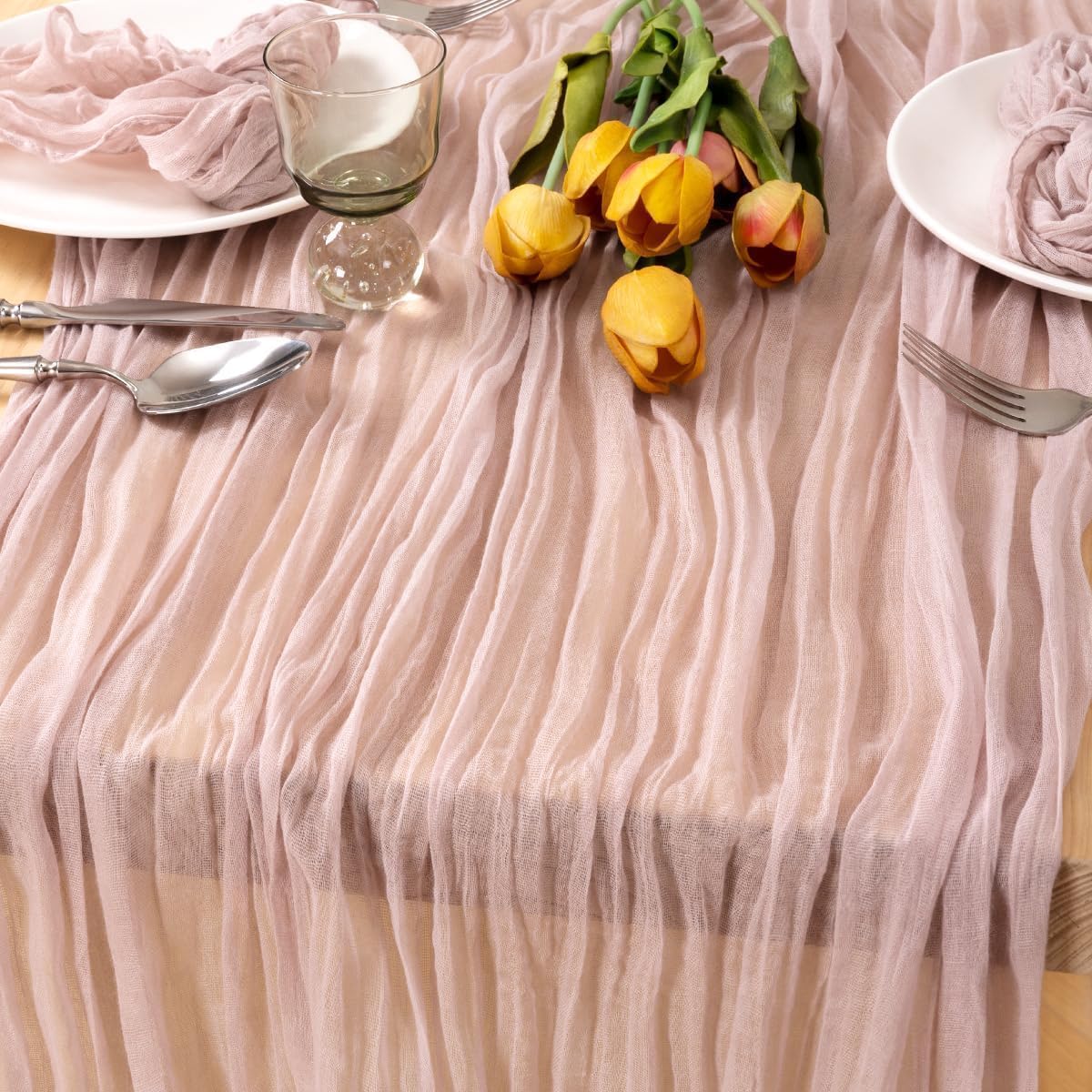 MLMC Pink Table Runner Boho Cheesecloth Table Runner 10ft Rustic Dusty Pink Gauze Cheese Cloth Centerpiece Decor 35x120 Inches for Wedding Bridal Baby Shower Birthday Party Decor