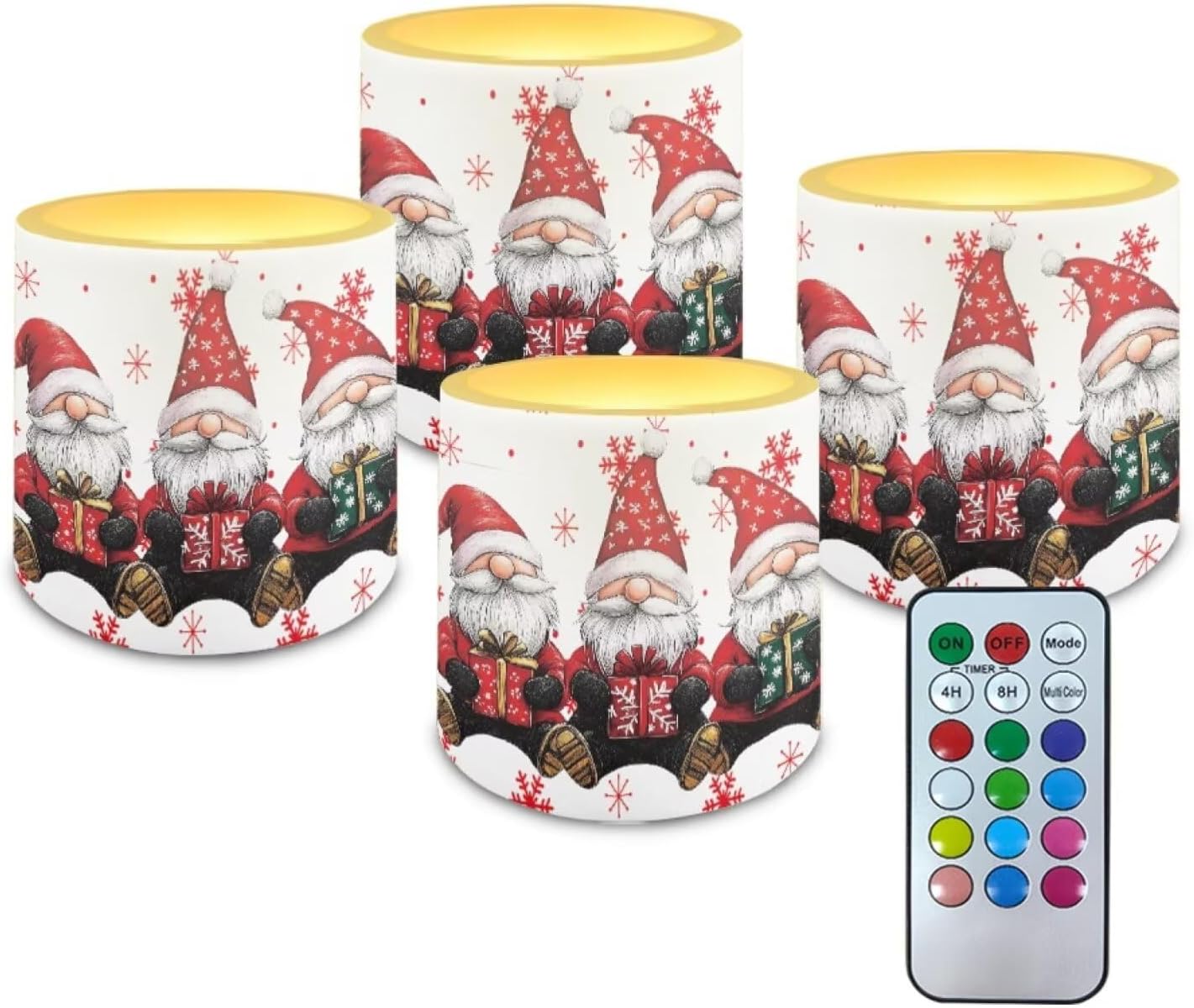 Poceacles 4 PCS LED Flameless Candles for Christmas Realistic Battery Powered No Flame Candles with Remote and Timer, Simulated Wick Flame Tealights, Christmas Gnome Snowflake White Red