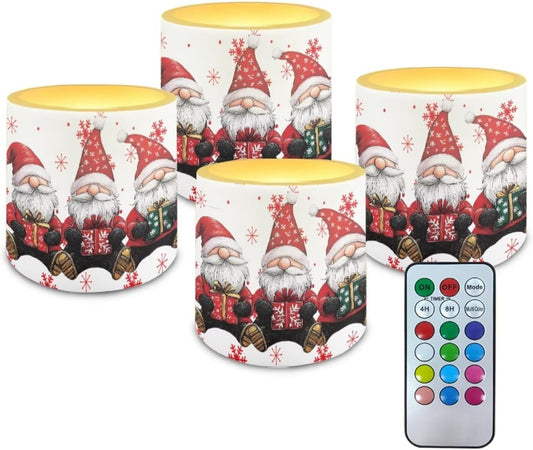 Poceacles 4 PCS LED Flameless Candles for Christmas Realistic Battery Powered No Flame Candles with Remote and Timer, Simulated Wick Flame Tealights, Christmas Gnome Snowflake White Red