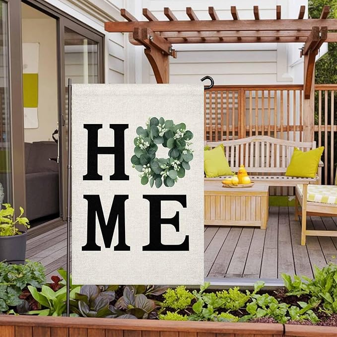 Home Green Eucalyptus Leaves Garland Garden Flags 28x40 Inch Double Sided Welcome Yard Flags for Outdoor Decor Retro Linen Yard Outside Seasonal Decoration