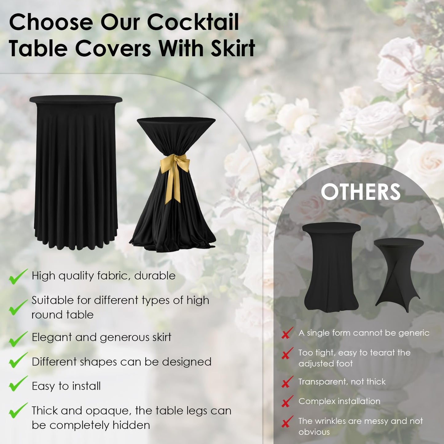 Spandex Cocktail Table Skirt 32x43 Inch Stretch Cocktail Table Cover Round CocktailTablecloth with Wavy Drapes Spandex Fitted High Top Table Covers for Wedding, Banquets and Party (Black, 4 Pack)
