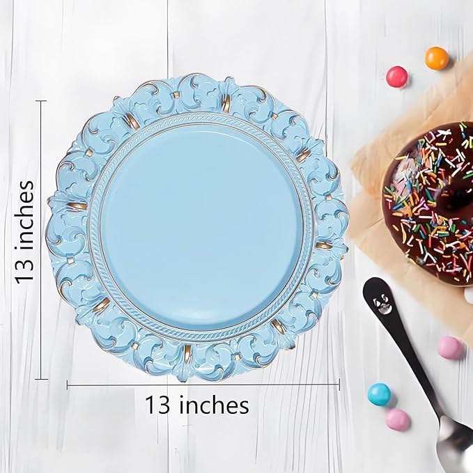6 Pack Blue Charger Plates 13" Round Charger Plates for Dinning Plates with Embossed Rim Plastic Charger for Dinner, Wedding, Elegant Tableware Decor
