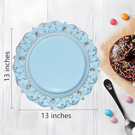 6 Pack Blue Charger Plates 13" Round Charger Plates for Dinning Plates with Embossed Rim Plastic Charger for Dinner, Wedding, Elegant Tableware Decor