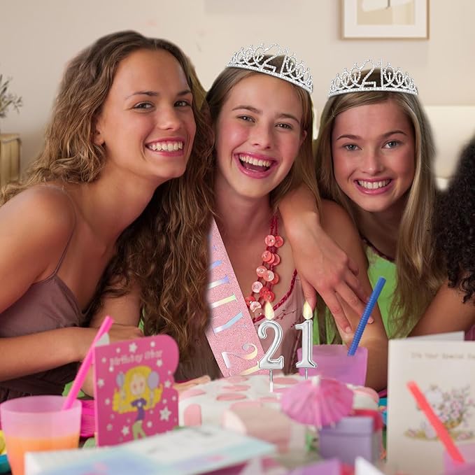 21st Birthday Decorations for Her with Pink 21st Birthday Sash and 21 Crown Silver, Candles Silver, Gifts for 21 Year Old Girls