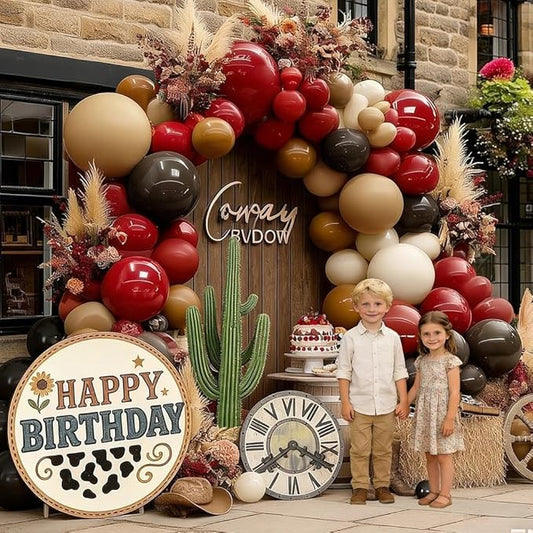 Red Balloon Garland Double Stuffed Dark Red Brown Burgundy Balloons Tan Nude White Sand Latex Balloon Arch Kit for Western Cowboy Farm Birthday Bridal Wedding Mother's Day Party Decorations