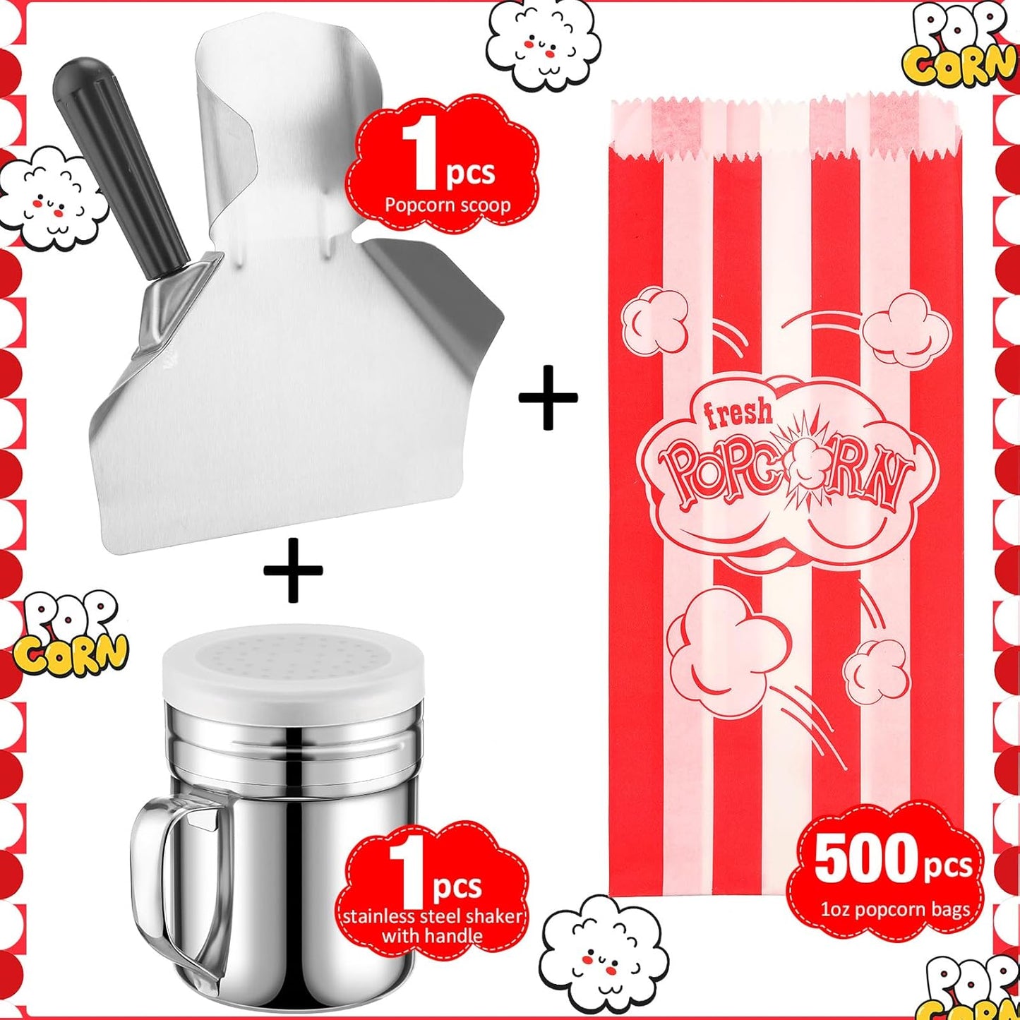 502 Pieces Popcorn Machine Supplies Set Includes 500 Pcs 1oz Red and White Popcorn Bags Bundle Scoop and Stainless Steel Seasoning Dredge with Handle and Lid Season Salt Shaker(Burst)