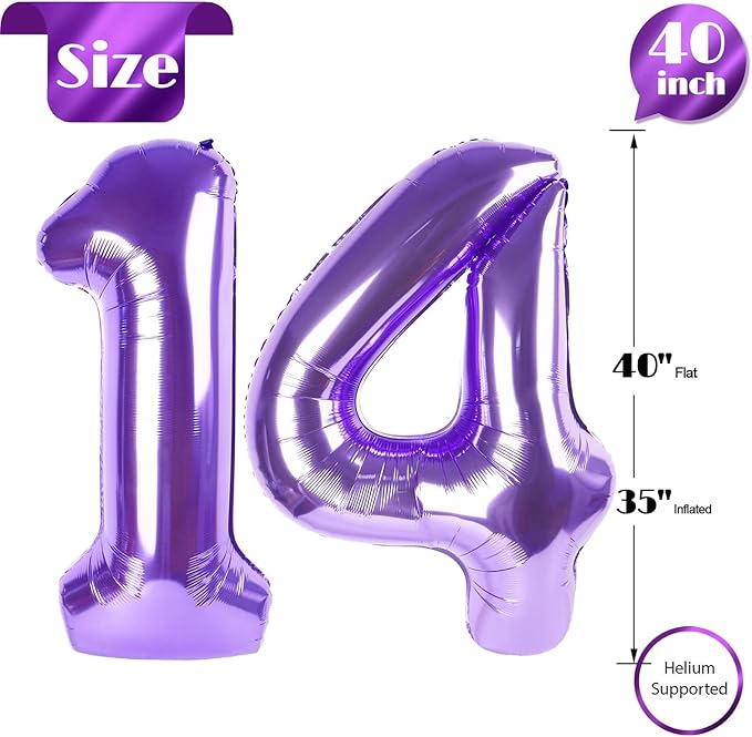 Purple Number 14 Balloon 40 Inch, 14th Birthday Party Decorations for Children, Giant 14 Foil Balloon for Party Supplies