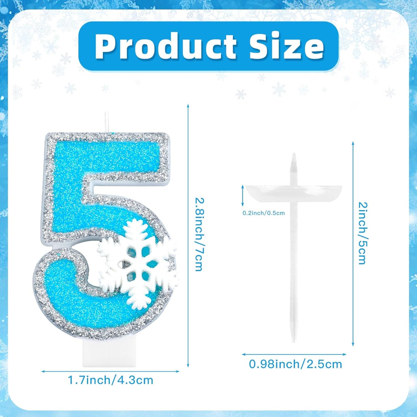 Frozen Themed Birthday Candles Party Decorations, Blue and Silver Number 5 Birthday Candle, Happy Birthday Candle for Cake, Snowflake Cake Topper Decoration for 5th 5 Year Old Party Favor Supplies