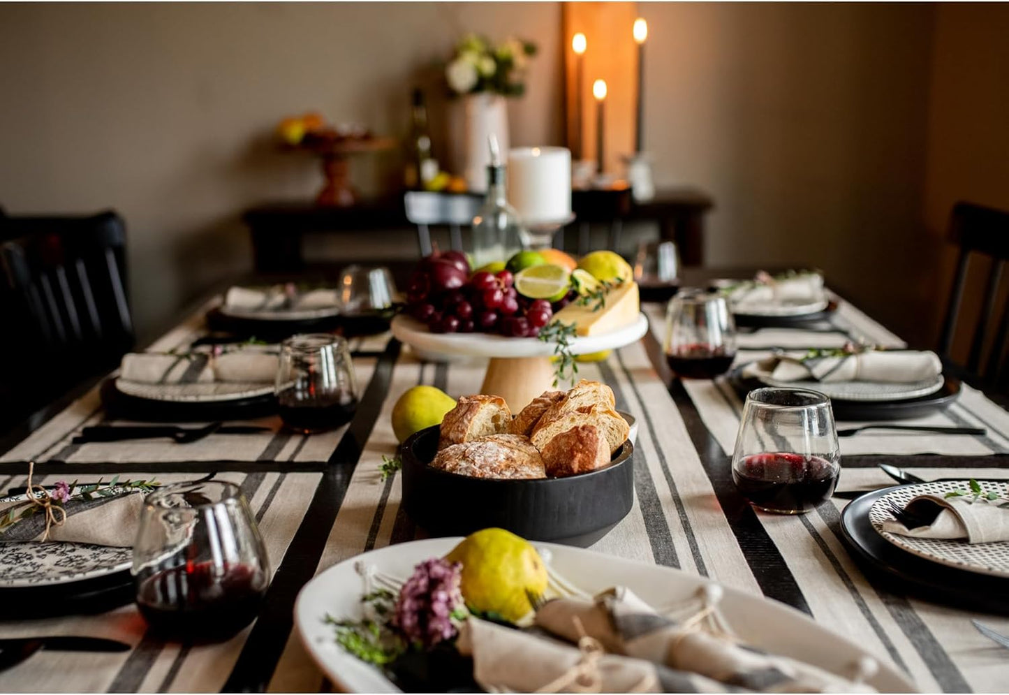 Solino Home Linen Table Runner 108 Inches Long - 100% Pure Linen Black and Natural French Stripe Table Runner 16 x 108 Inch for Dining, Fall, Autumn, Halloween, Thanksgiving