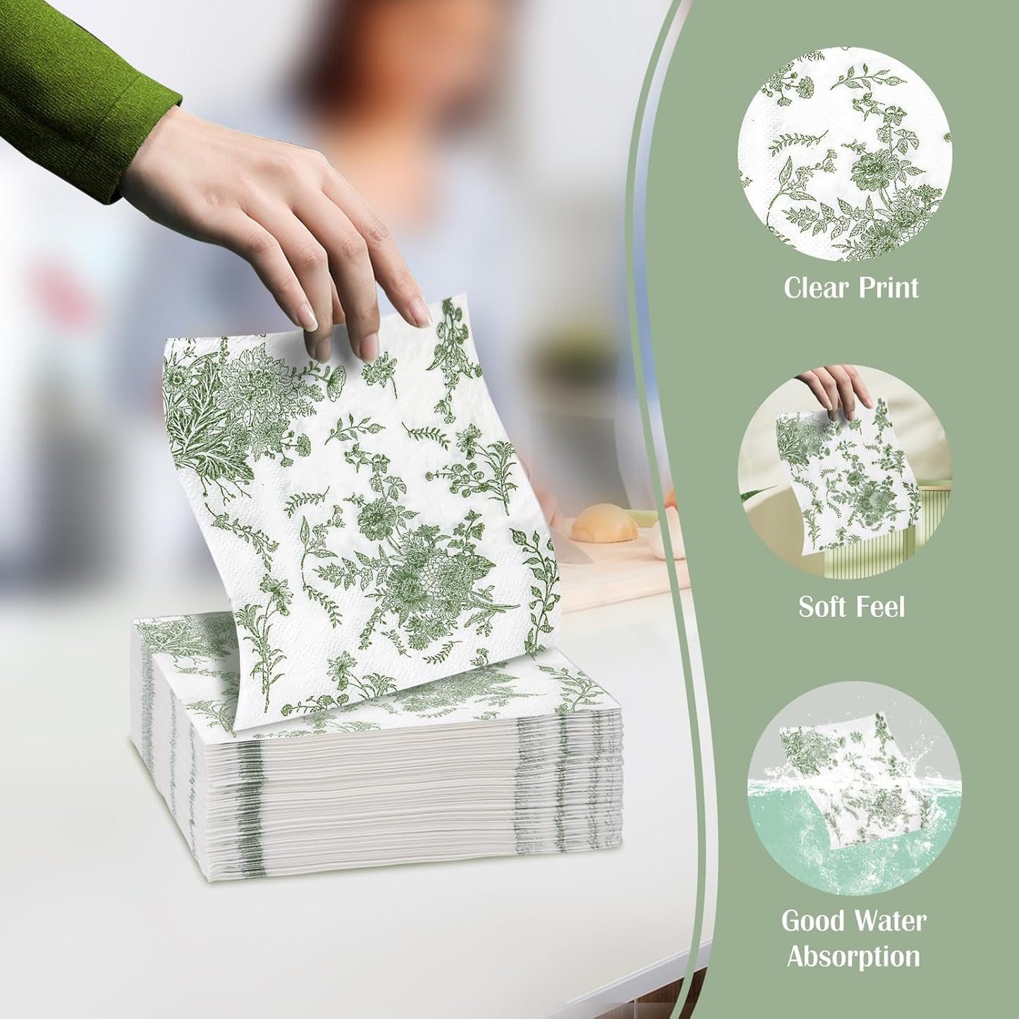 200Pack Sage Green Floral Cocktail Napkins Disposable Wedding Paper Napkin Decorative Green & White Hydrangea Flower Guest Hand Towel Fancy Dinner Napkin for Bridal Baby Shower Birthday Party Supplies