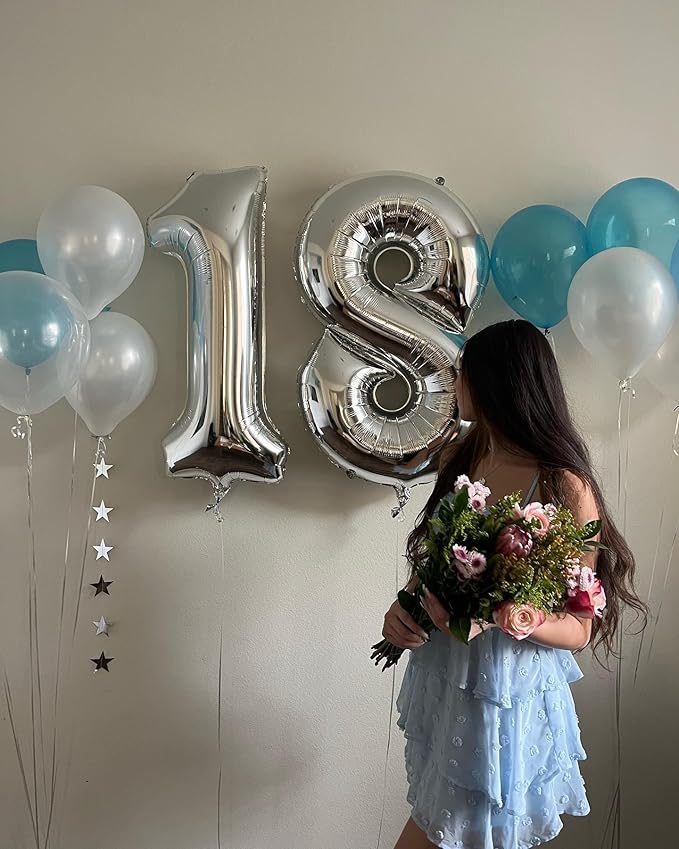 Silver Number 18 Balloon 40 inch, 18 Number Balloons, 18th Silver Birthday Decorations for Girls Boys Kids, 18 Year Old Silver Party Supplies