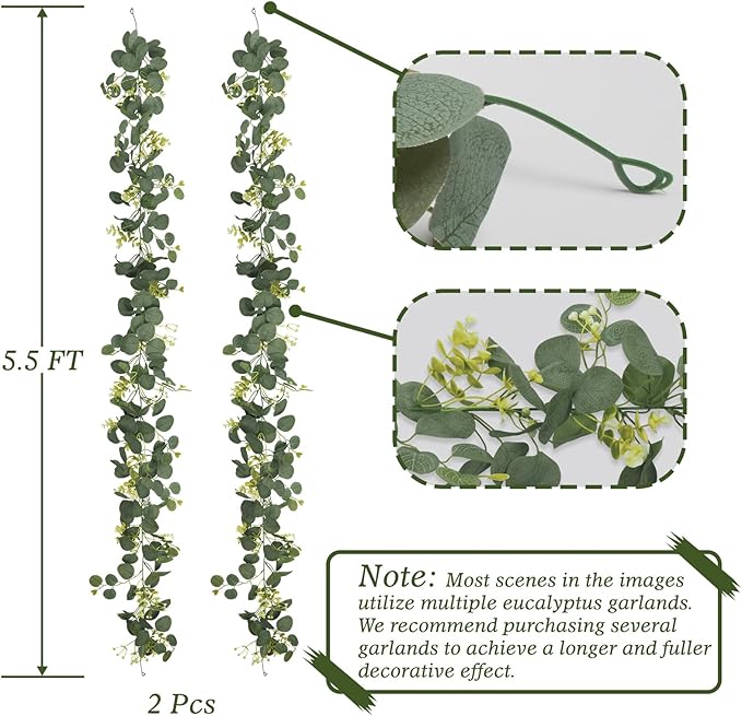 Eucalyptus Garland Faux Silk Leaf Silver Dollar Artificial Greenery Fake Hanging Eucalyptus Leaves Garland for Table Wedding Party Indoor Outdoor Wall Mantle Room Home Decoration (2, 5.5 FT)
