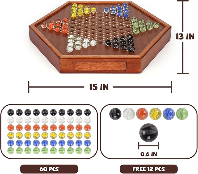 15-Inch Wooden Chinese Checkers Board Game Set – Classic Strategy Game with 72 Glass Marbles, Dual-Sided Storage Drawer, Family Board Games for Adults, Educational Travel and Indoor Game