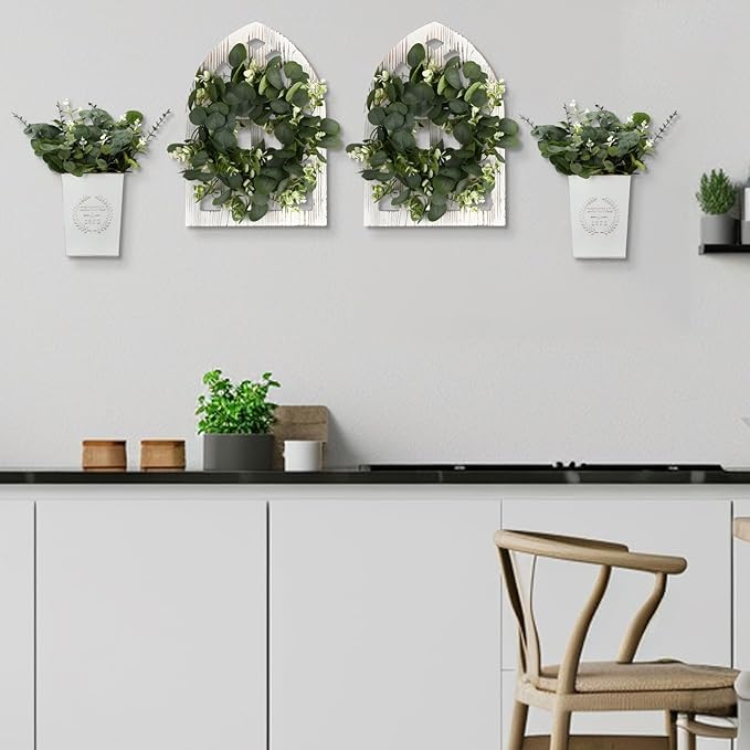4 Sets 67 Pcs Farmhouse Wall Decor Set Rustic Window Frame Wall Decor with Eucalyptus Wreath and Metal Walls Planters Vintage Farmhouse Walls Art for Living Room Entryway(Arched Cathedral)
