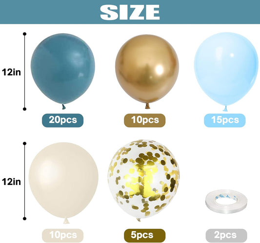 Dusty Blue Balloon Set, 60 Packs 12 Inches Metallic Chrome Gold Macaron Blue Ocean Blue White Sand Balloon Confetti Balloons for Boho Baby Shower Wedding Boy Birthday Graduation Decoration