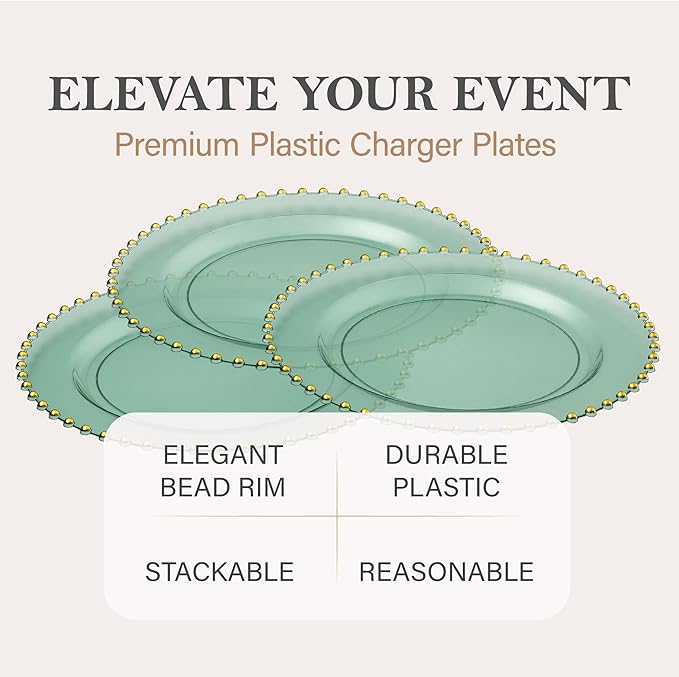 PLASTICPRO Translucent Green with Gold Rim Plastic Charger Plates with Beaded Edge – Pack of 8 – 13" Elegant Round Disposable Chargers for Weddings, Events, Parties, and Dinners