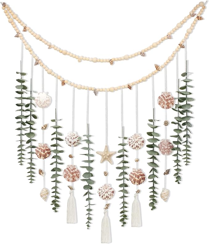 Artificial Eucalyptus Wall Decor with Seashell Coastal Decor Natural Home Decorations Hanging Wooden Bead Garland for Large Bedroom Bathroom Living Room, 32 x 32 Inch