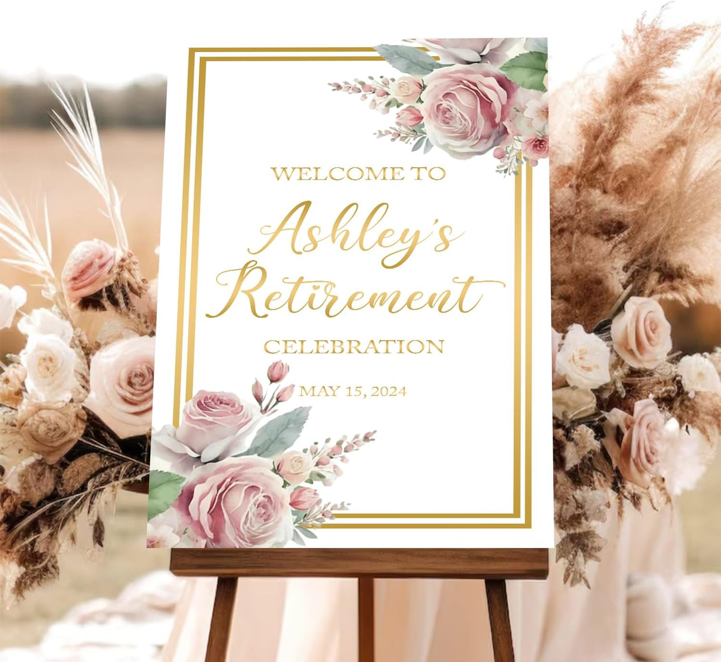 Floral Retirement Party Sign, Pink Gold Retirement Celebration Welcome Sign, Floral Retirement Welcome Sign Geometric, Retirement Party Sign, Retirement Outdoor Sign, Retirement Welcome Sign