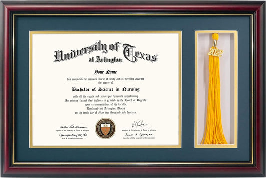 GraduationMall 11x17 Cherry Wood Diploma Frame with Tassel Holder for 8.5x11 Certificate Document,Real Glass,Navy Blue over Gold Mat