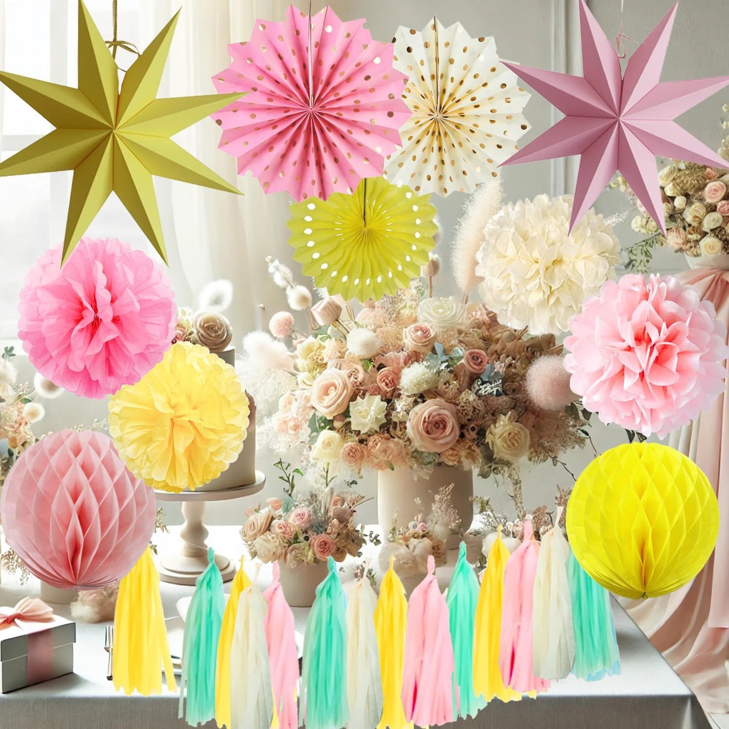 Pink Yellow Party Decorations, Pink Yellow Birthday Decoration,15PCS Pink Decorations for Women Men Girl Boy,Hanging Backdrop Decor for Bear Birthday,Wedding,Winne Baby Shower,Bridal,Garden Party
