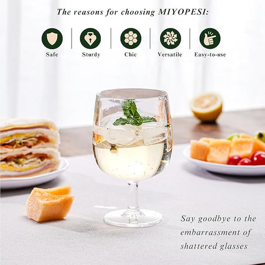 12oz Clear Stemmed Wines Cups (Set of 6), Shatter-Proof Acrylic Bar Glasses, BPA-Free, Dishwasher-Safe