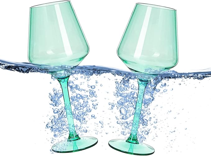 Floating Wine Glasses for Pool (18 Oz | Set of 2) - Wine Glass Set That Float | Shatterproof Poolside Wine | Beach Glass | Outdoor Tritan Plastic Glassware with Stem for Patio, Picnic - Ocean Green