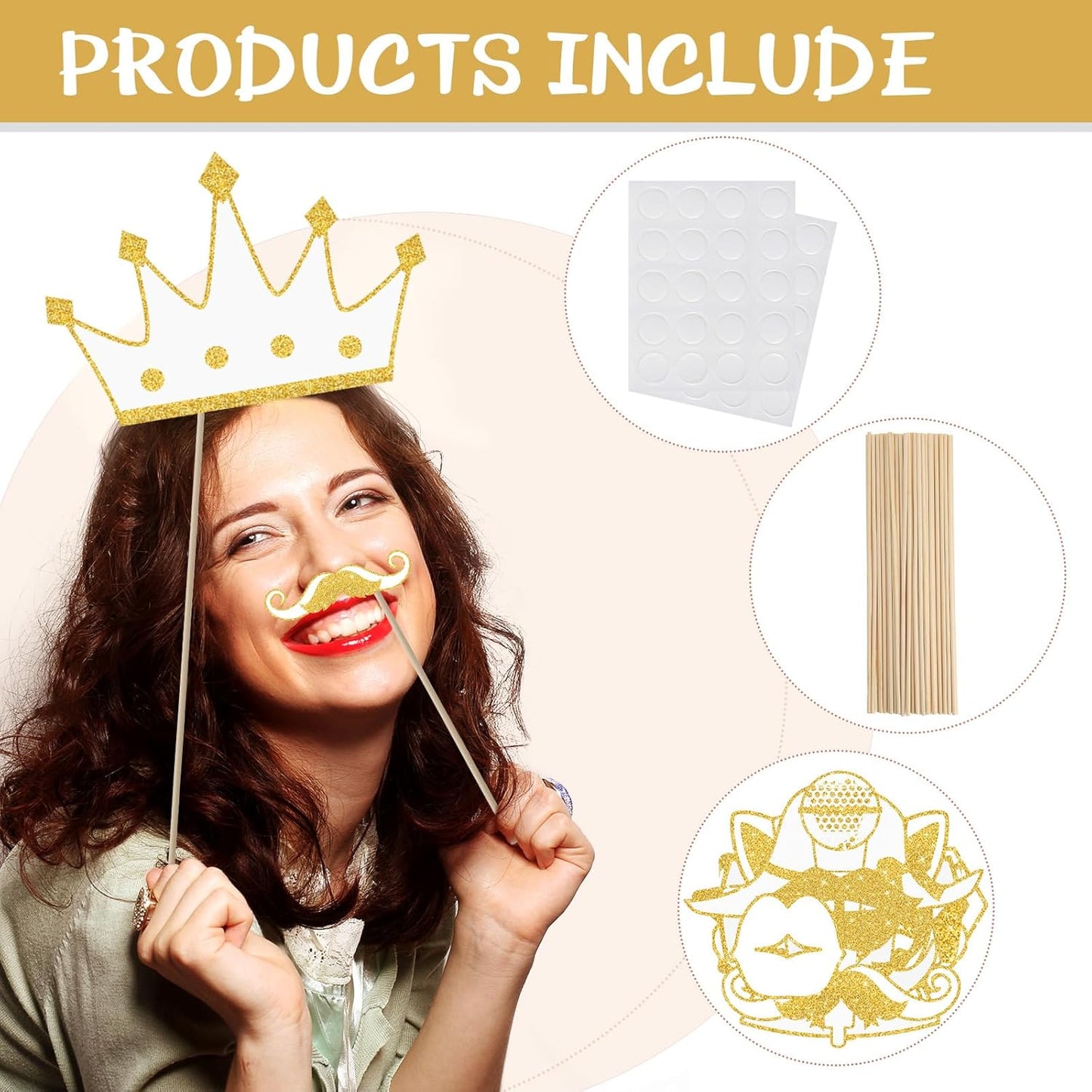 Zonon 24 Pieces Funny Photo Booth Props:Halloween,Christmas,Family Reunion, Class Reunion, Birthday, Weddings, Prom Disco Mardi Gras Party Supplies - Mix of Hats, Lipstick, Tie(White and Gold)