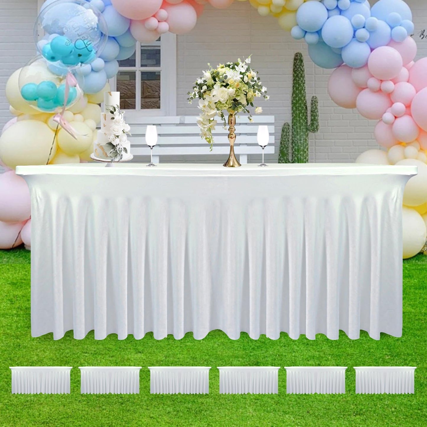 6-Pack White Table Skirts for 4-Foot Rectangle Tables | 48''L x 24''W x 30''H | Stretch Spandex Fitted Tablecloths | Washable, Wrinkle-Resistant | Perfect for Parties, Banquets, Birthdays