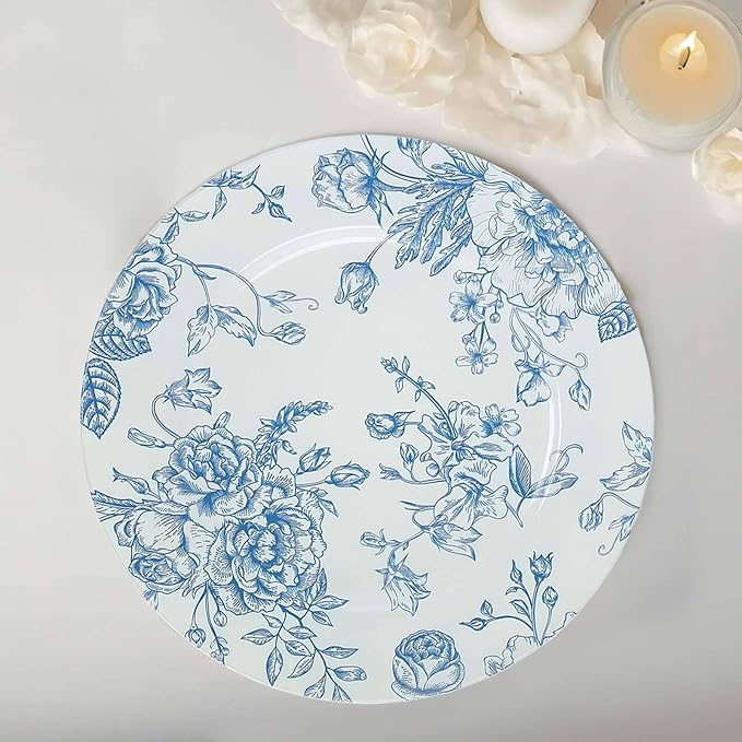 Efavormart 6 Pack White Blue Floral Acrylic Charger Plates in French Toile Pattern, Round Dinner Charger Event Tabletop Decor - 13"