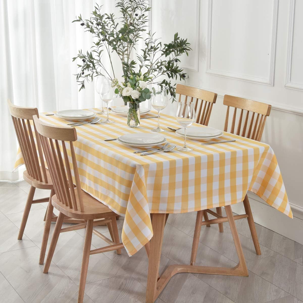 maxmill Checkered Tablecloth Stain Resistant Wrinkle Resistant Spillproof Washable Heavy Weight Table Cloth Gingham for Dining Room and Outdoor Use, Rectangle 60 x 140 Inch Yellow and White